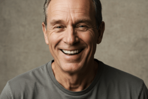 A slightly older man with a radiant smile after having dental implants at 19 Wimpole Street.