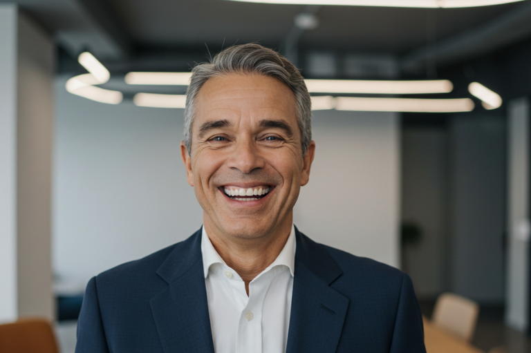 man smiling with white teeth after exploring teeth whitening options at 19 wimpole street.