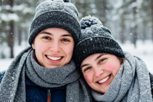 two people smiling in winter conditions with bright white smile