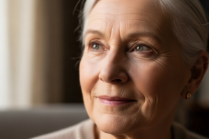 older woman considering between denture and dental implants