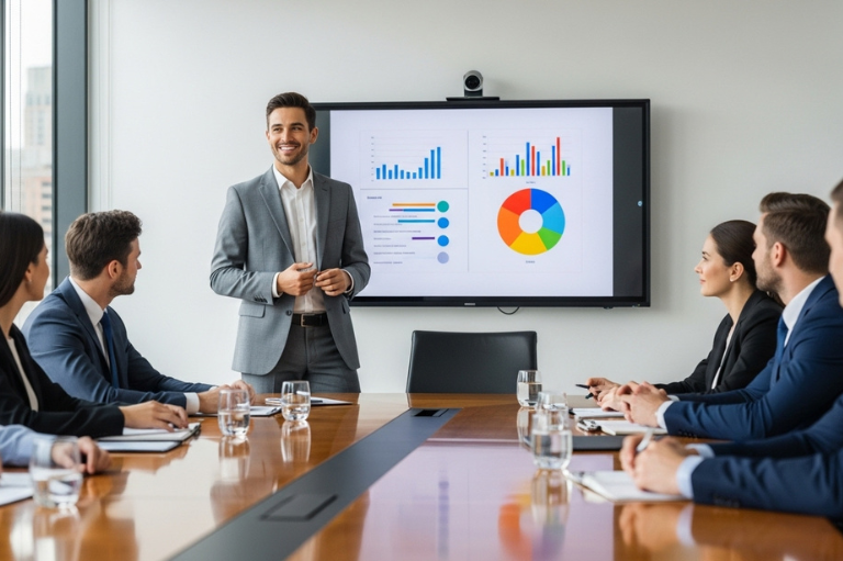 man delivering a meeting while having invisalign treatment at 19 wimpole street dental practice