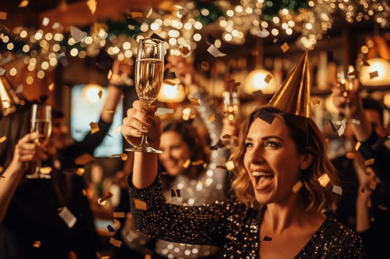 lady celebrating new years eve with friends and a bright smile