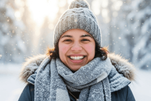 woman smiling in winter conditions after looking after her teeth