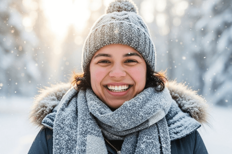 woman smiling in winter conditions after looking after her teeth